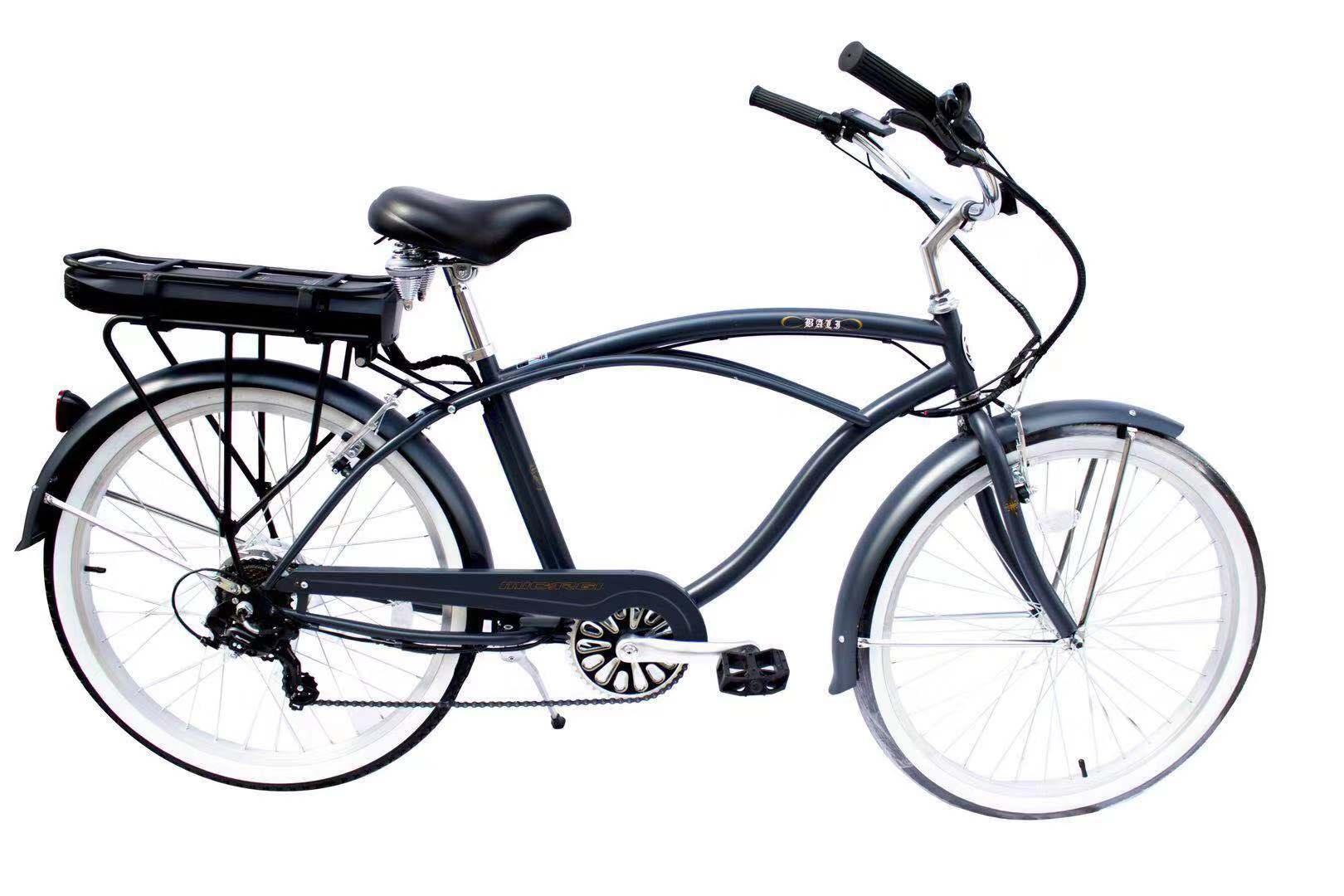Rear view of dark gray Micargi electric cruiser with cargo rack and battery