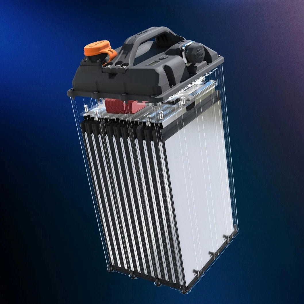 Transparent cutaway of Surron battery revealing internal silver cylindrical cells