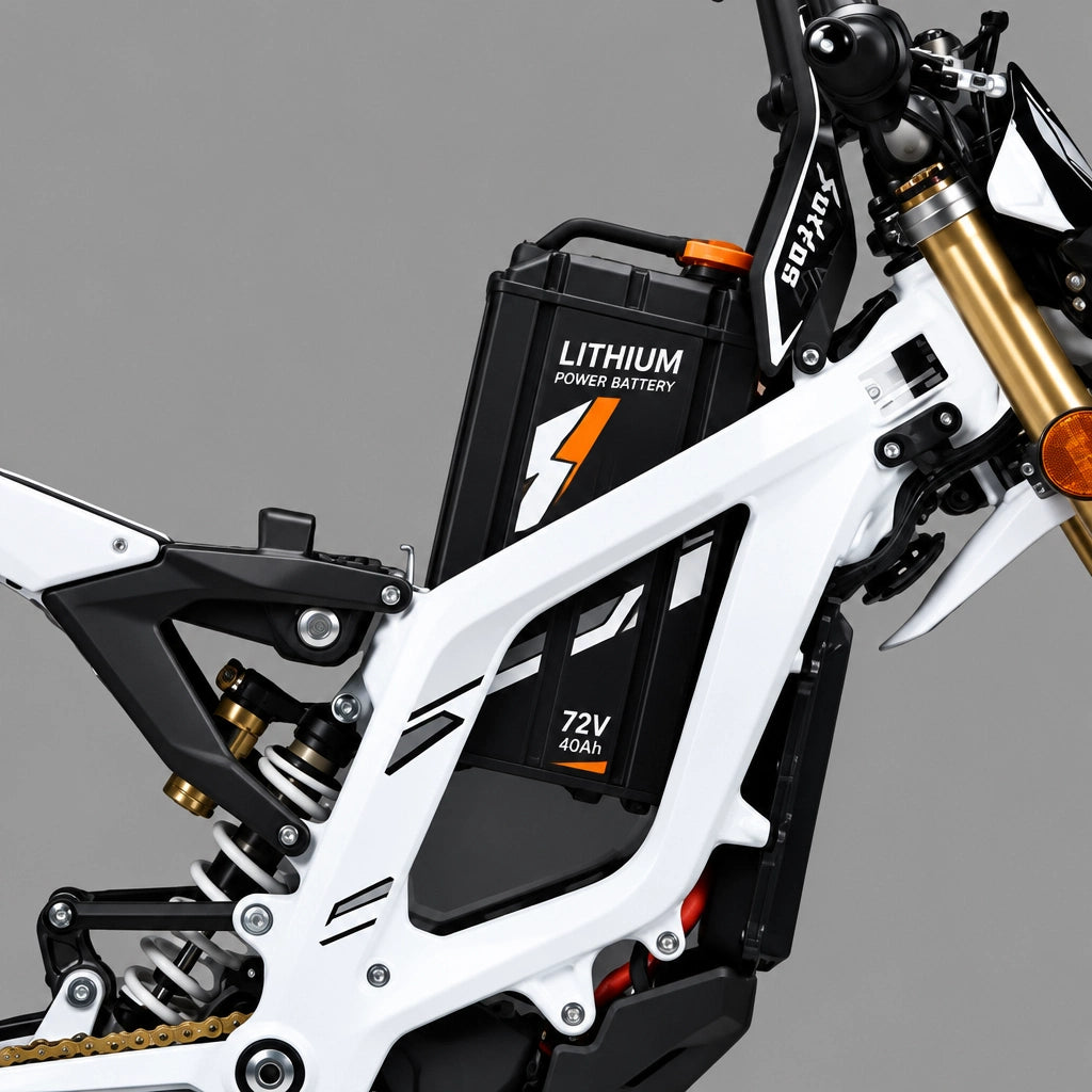 Surron Light Bee 2 X white electric dirt bike with 72V 40Ah lithium battery and gold forks