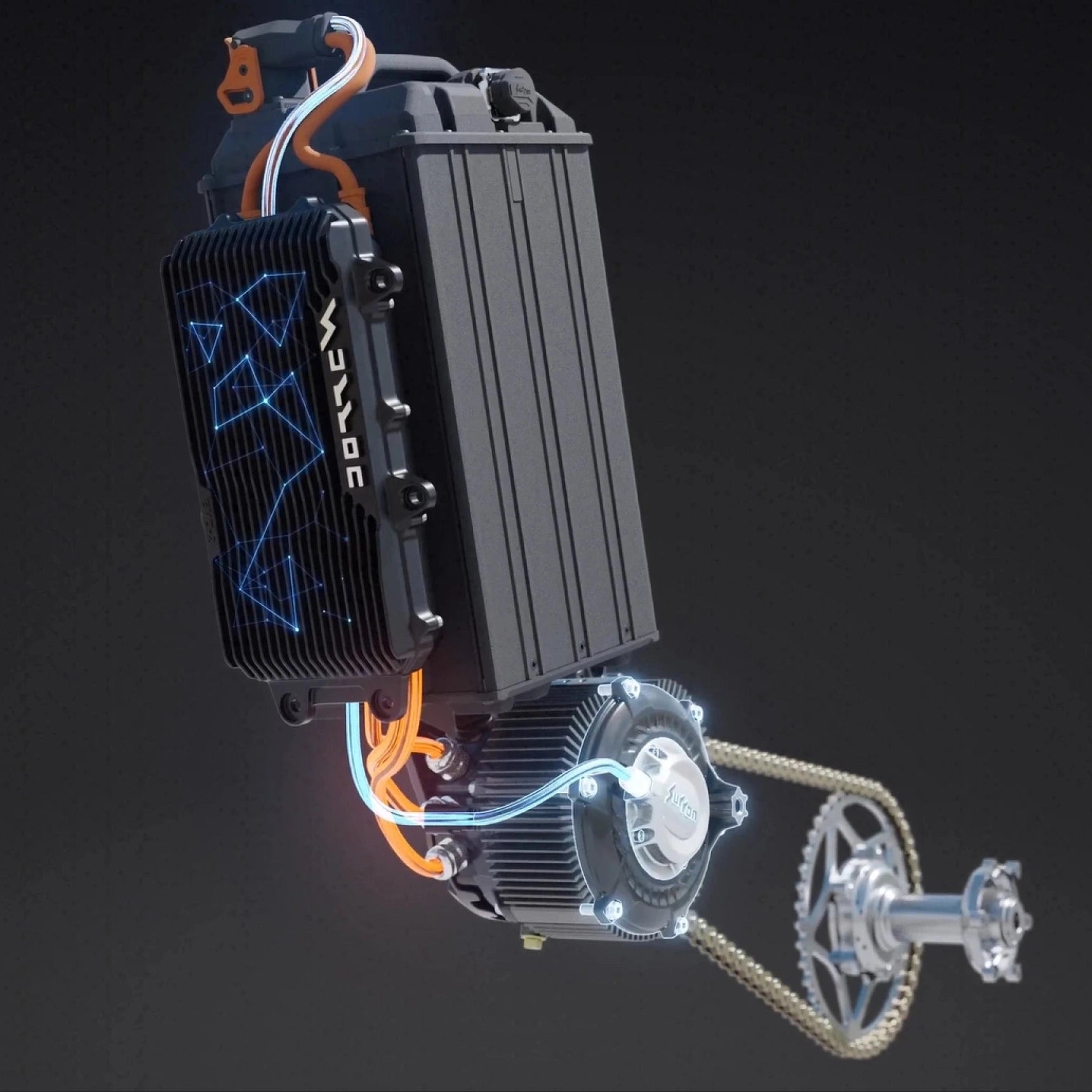 Exploded view of Surron Light Bee 2 X powertrain showing WAVEC battery and motor
