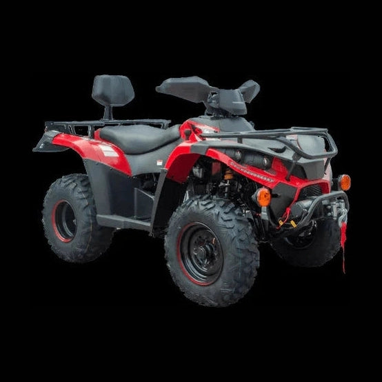 Red and black Linhai Big Horn 300cc 4x4 ATV with knobby tires and backrest