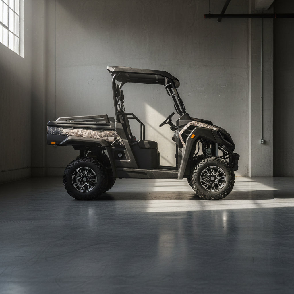 Bighorn Explorer 550 UTV side profile black gray with camo cargo bed