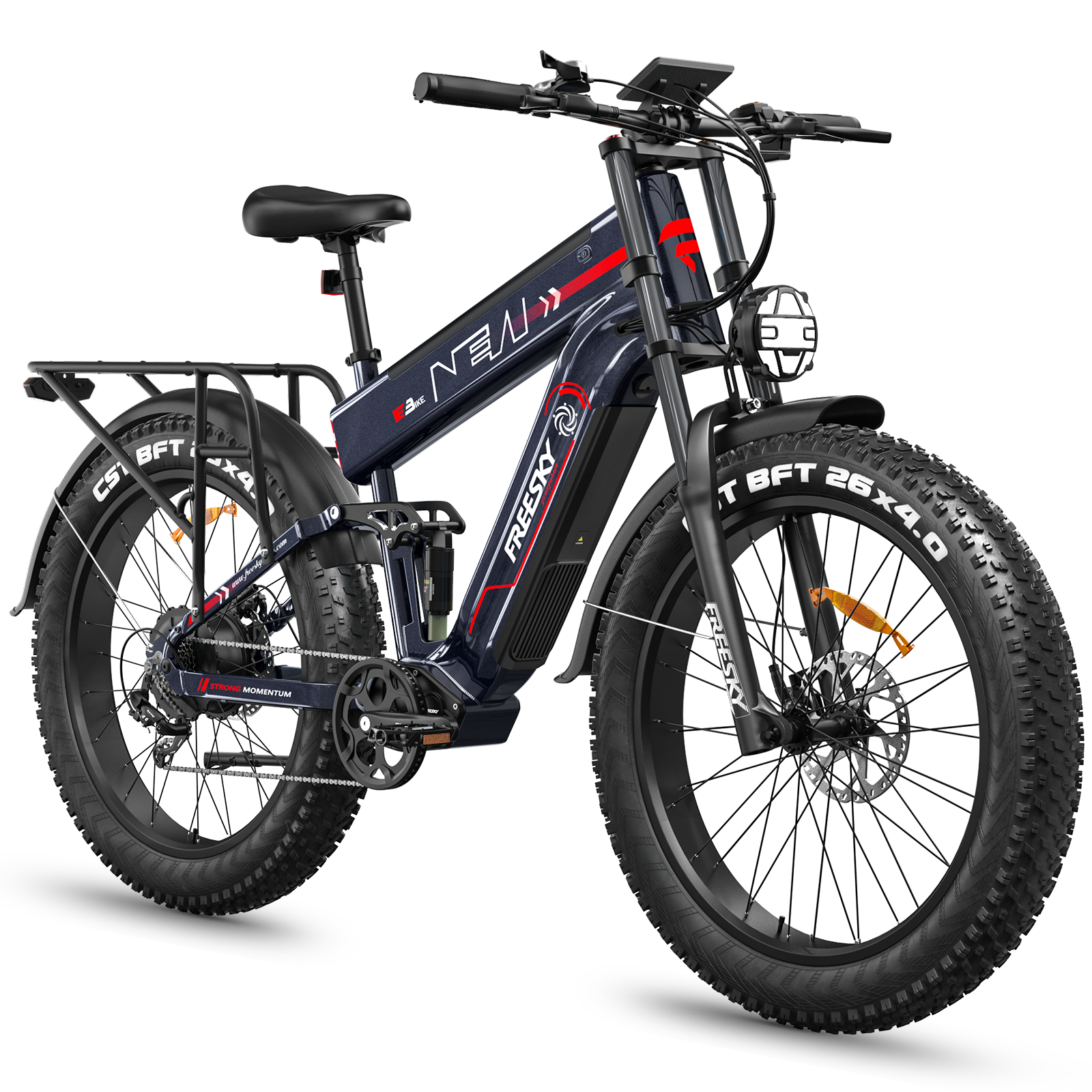 Dark blue and red Freesky step-through fat tire e-bike