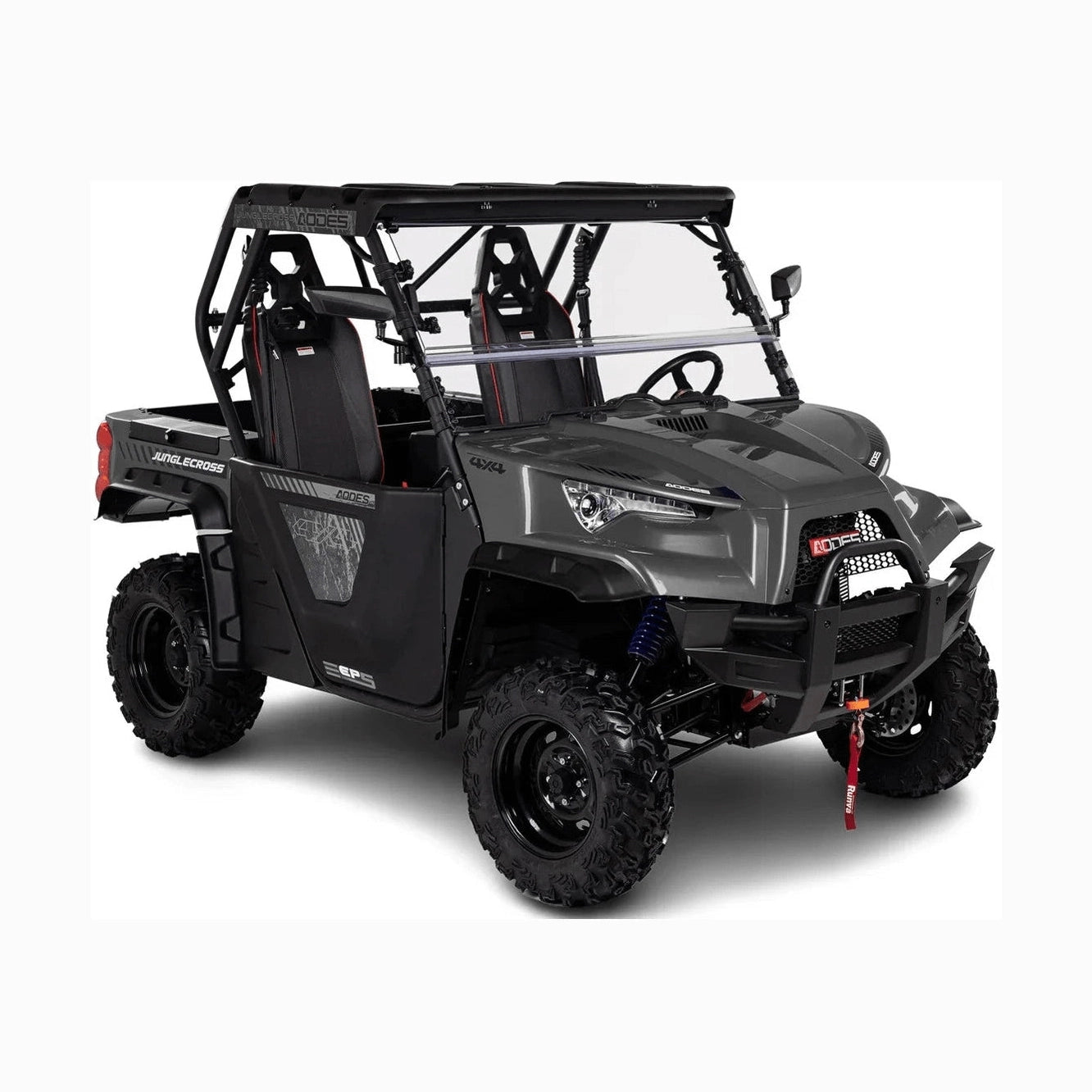 Matte grey Aodes Junglecross 800 UTV with map graphics doors and red tow strap