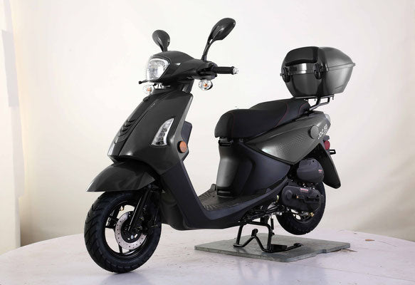 Black 50cc scooter on a white background