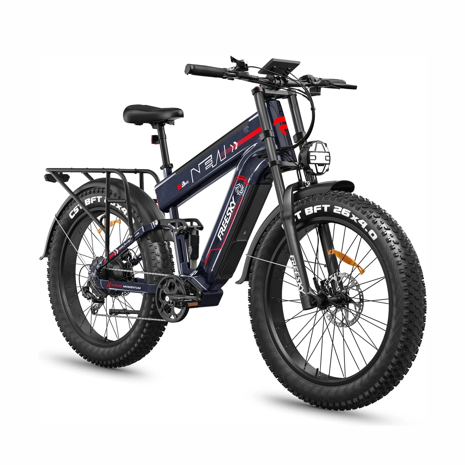 Navy blue Freesky Alaska Pro M-520 electric fat tire bike with caged LED headlight and cargo rack