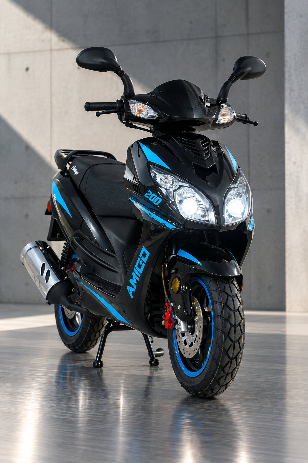 Black Amigo Phenom 200cc scooter with bright blue decals and matching rims
