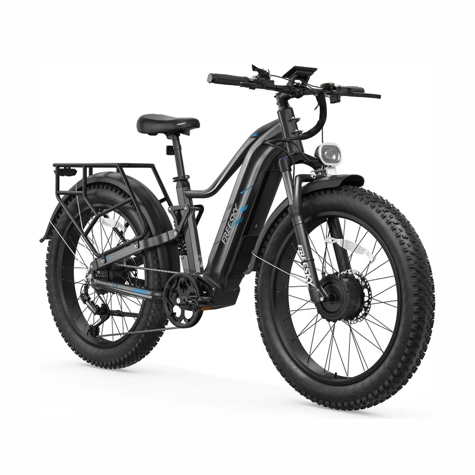 Matte black Freesky Eurostar Turbo M-410 fat tire electric bike with rear cargo rack and blue decals