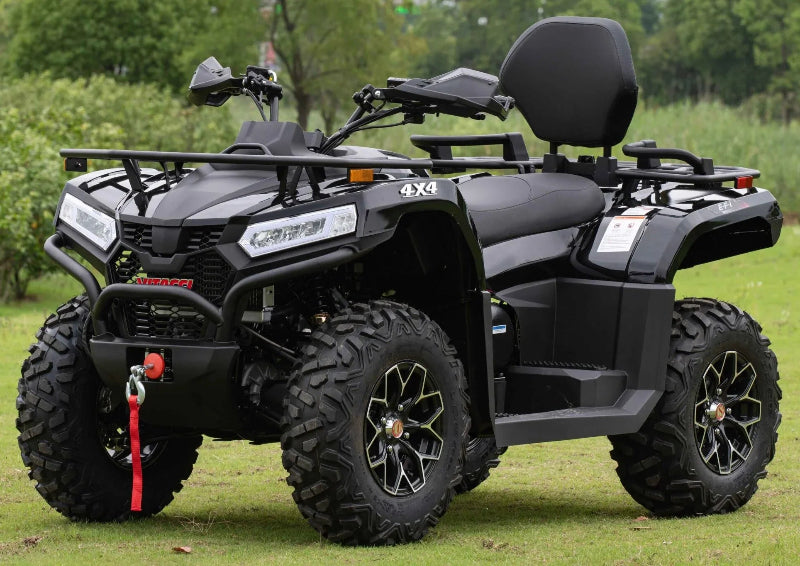 Black Vitacci MAXIMUS 450L EFI 4x4 ATV with rear seat, off-road tires, and front rack on grassy field