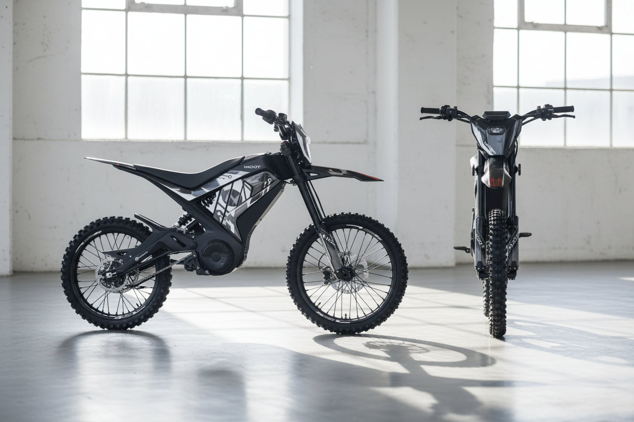 Black electric dirt bike with rugged tires, side and front views for off-road riding