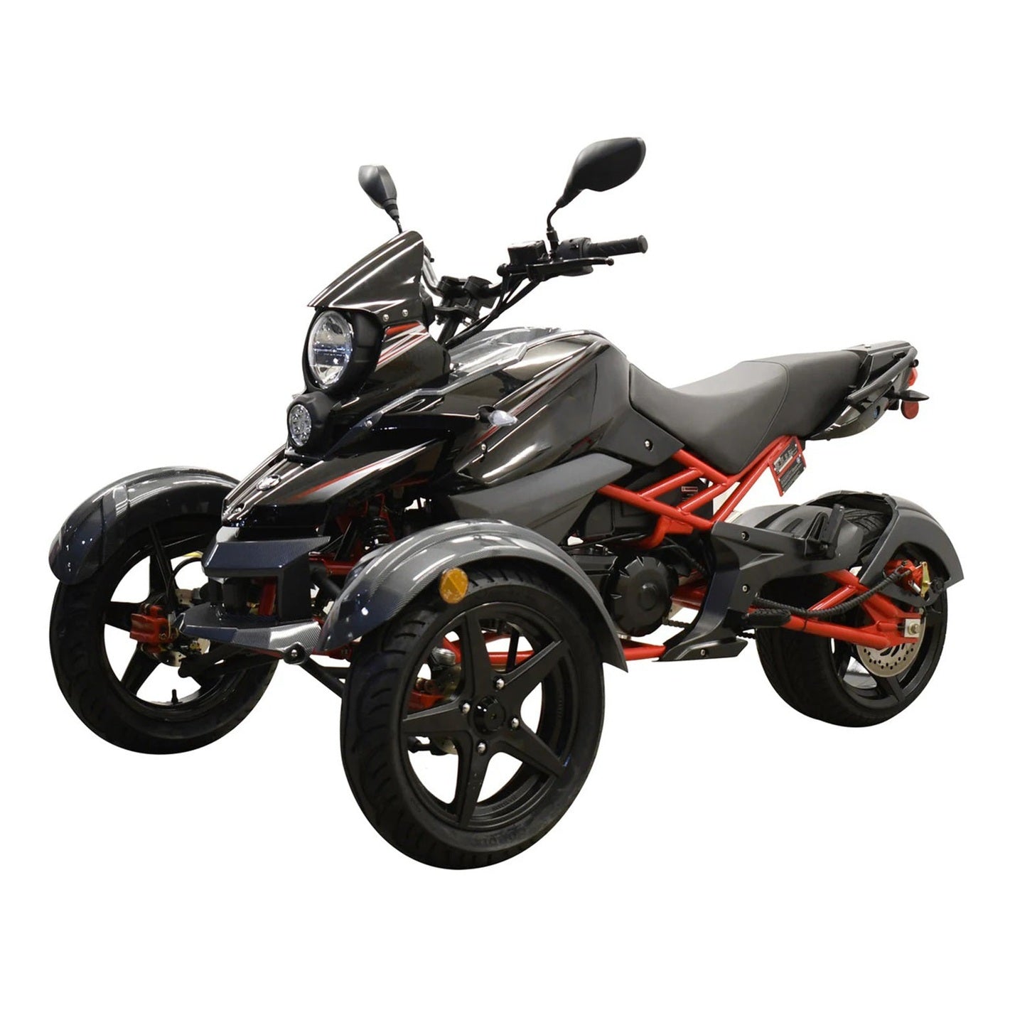 Glossy black Cougar SX200 trike side view with visible red frame and windscreen