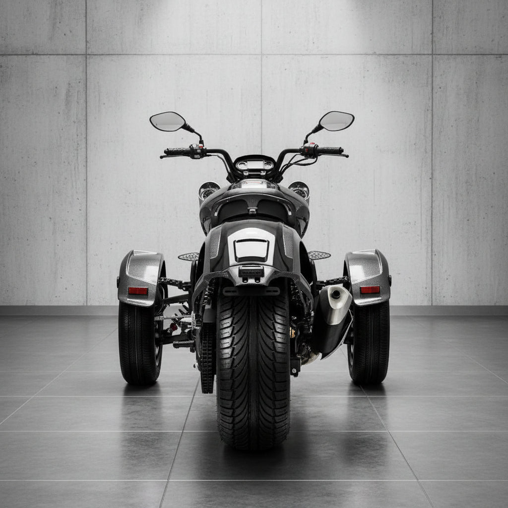 Black Vitacci SX 300cc EFI trike rear view with dual circular exhaust pipes