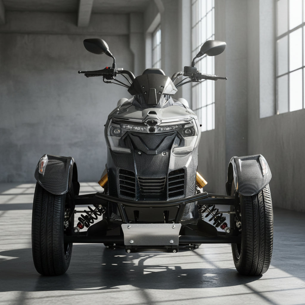 Black Vitacci SX 300cc EFI trike front view with gold shocks and silver bumper