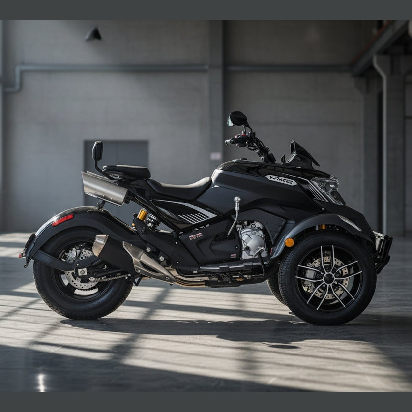 Matte black Vitacci SX 300cc EFI trike side view with passenger backrest