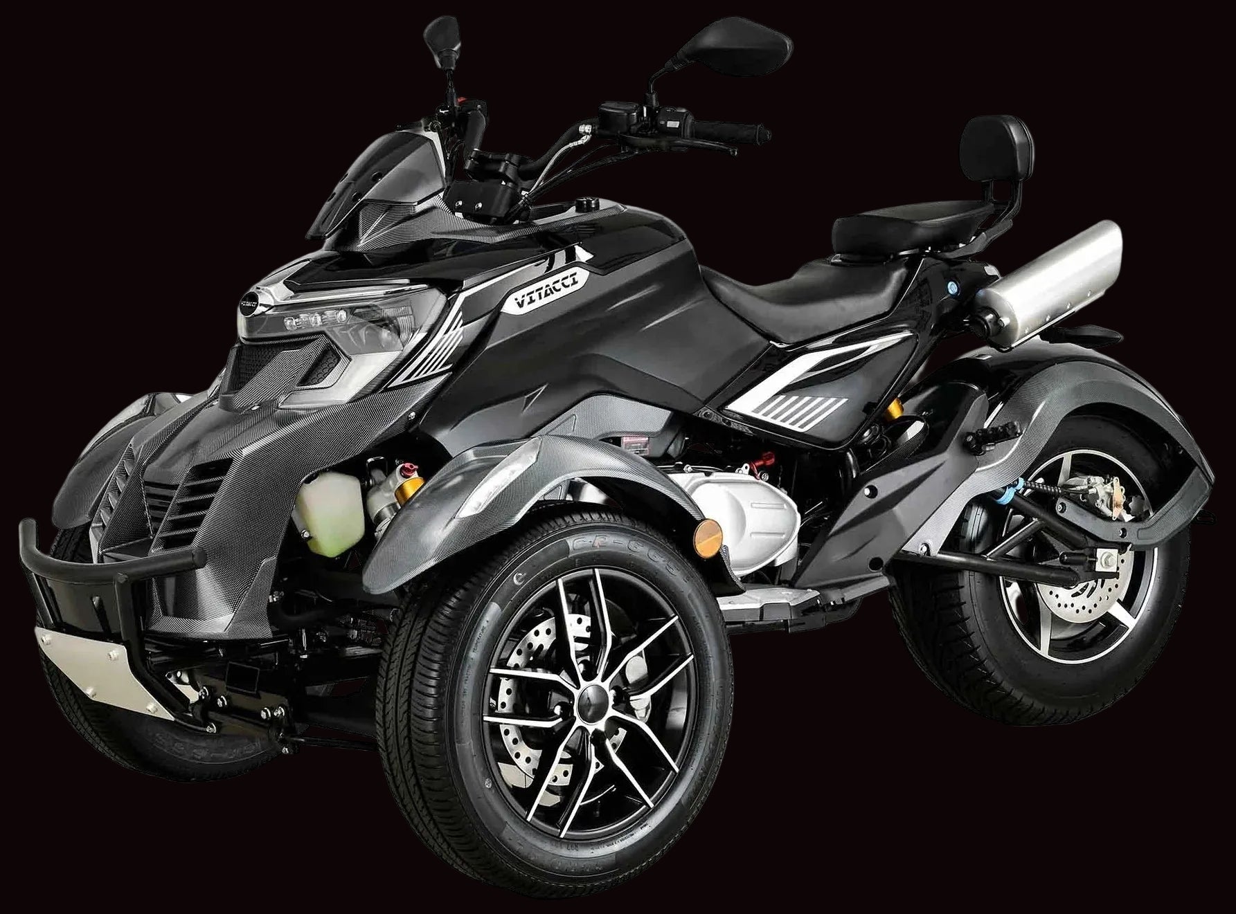 Black Vitacci SX 300 three-wheeled motorcycle on a white background