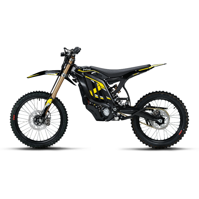 Black Surron Light Bee 2 X electric dirt bike with yellow accents and CBT tires