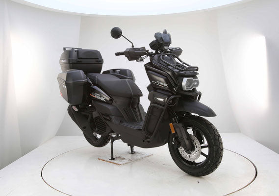 Black TANK 200 EFI PRO DELUXE scooter with storage compartments on a white platform