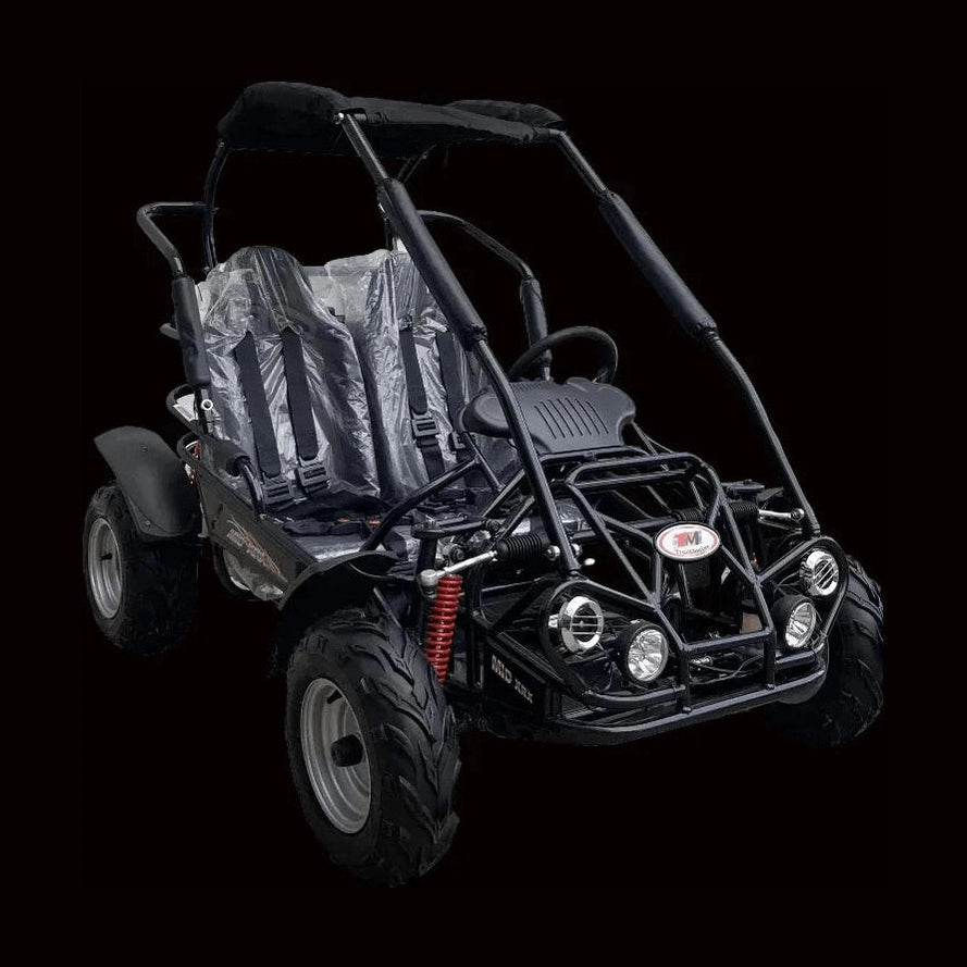 Front view of black TrailMaster MID XRX go kart on dark background