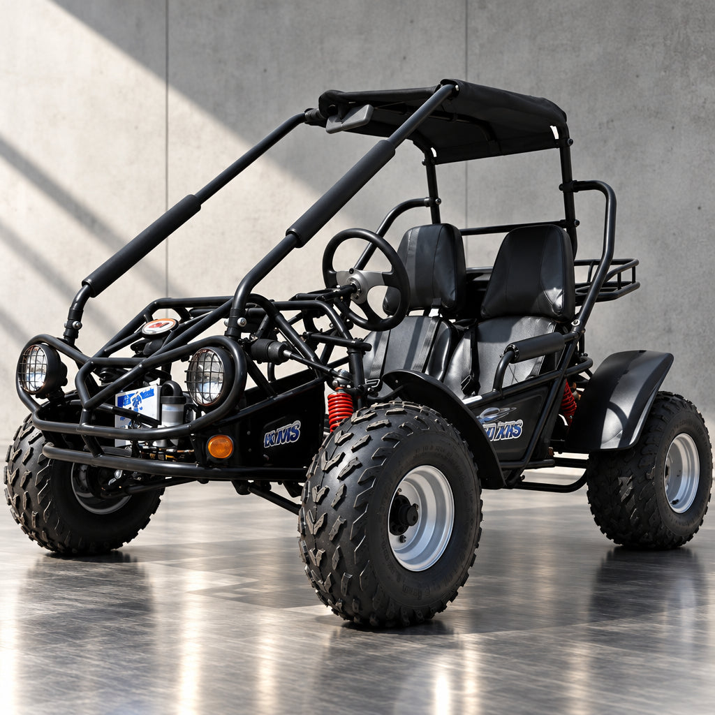 Black open-frame Trailmaster 200 EFI go kart with red shock absorbers and cargo rack