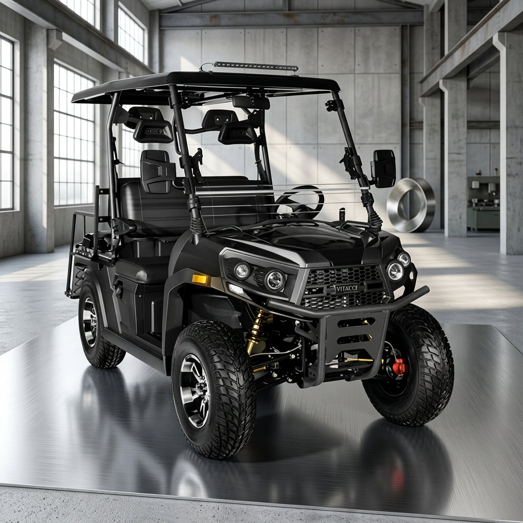 Black Vitacci Rover golf cart with yellow shocks, LED light bar, and bucket seats