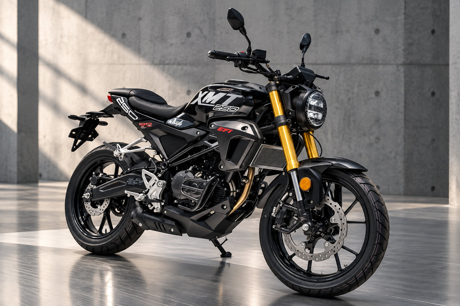 Black and gray XMT EFI 250cc street bike with mono-shock suspension and LED headlight
