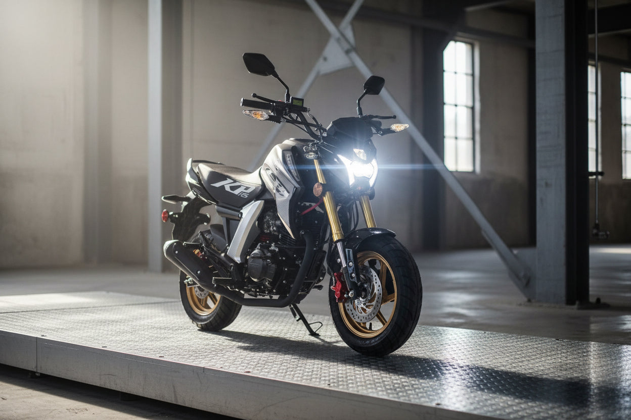 Black and silver Lifan KP RS 150cc compact street bike studio shot with gold forks