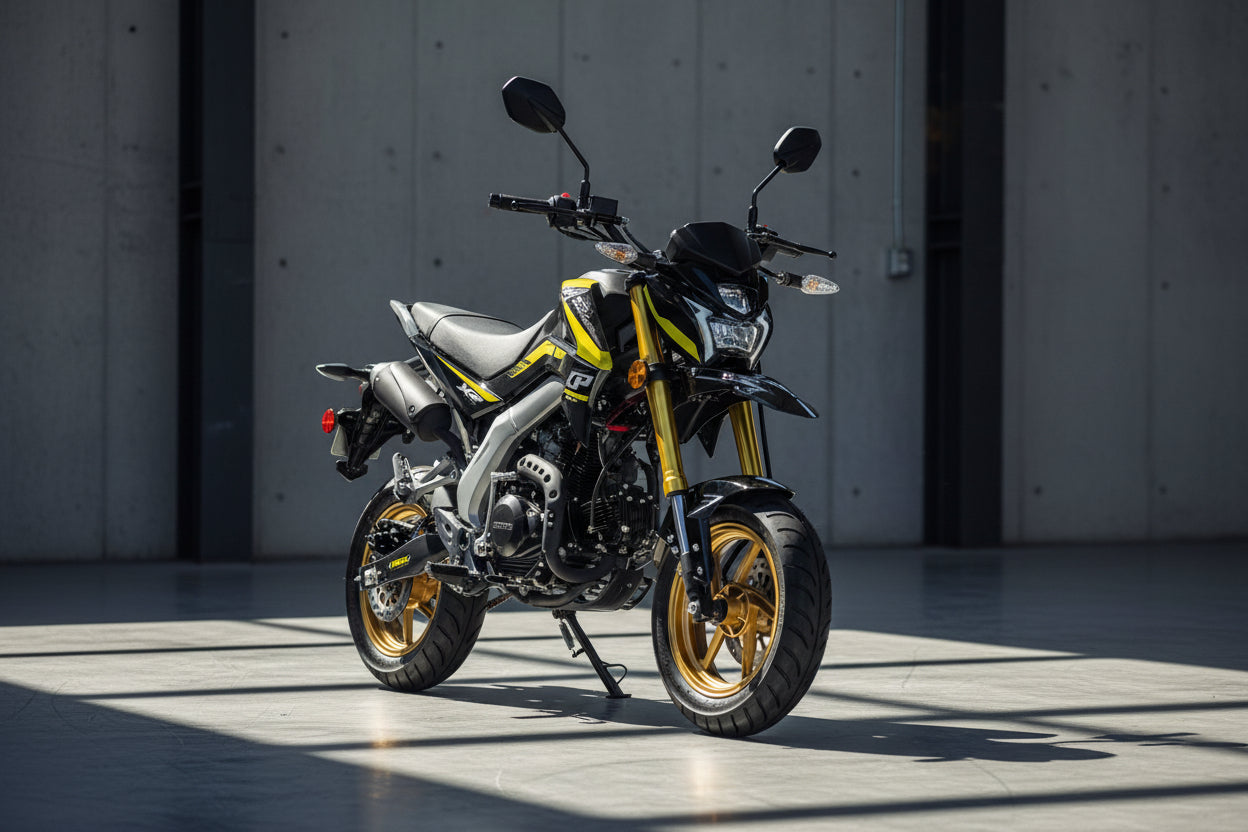 Black and yellow Lifan KP Mini 150cc street bike front view with gold fork tubes
