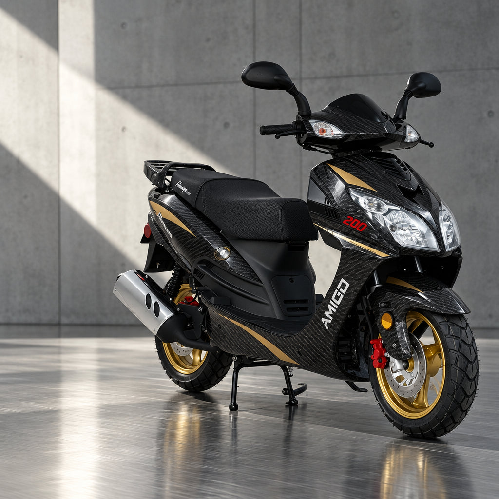 Black carbon-fiber pattern Amigo Phenom 200 scooter with gold stripes for sale at turopowersports.com
