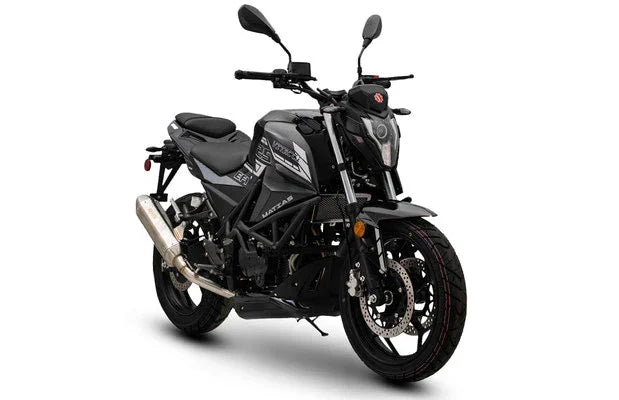 Black Vitacci Matias 250cc motorcycle with sleek design, disc brakes, and chrome exhaust for powersports enthusiasts
