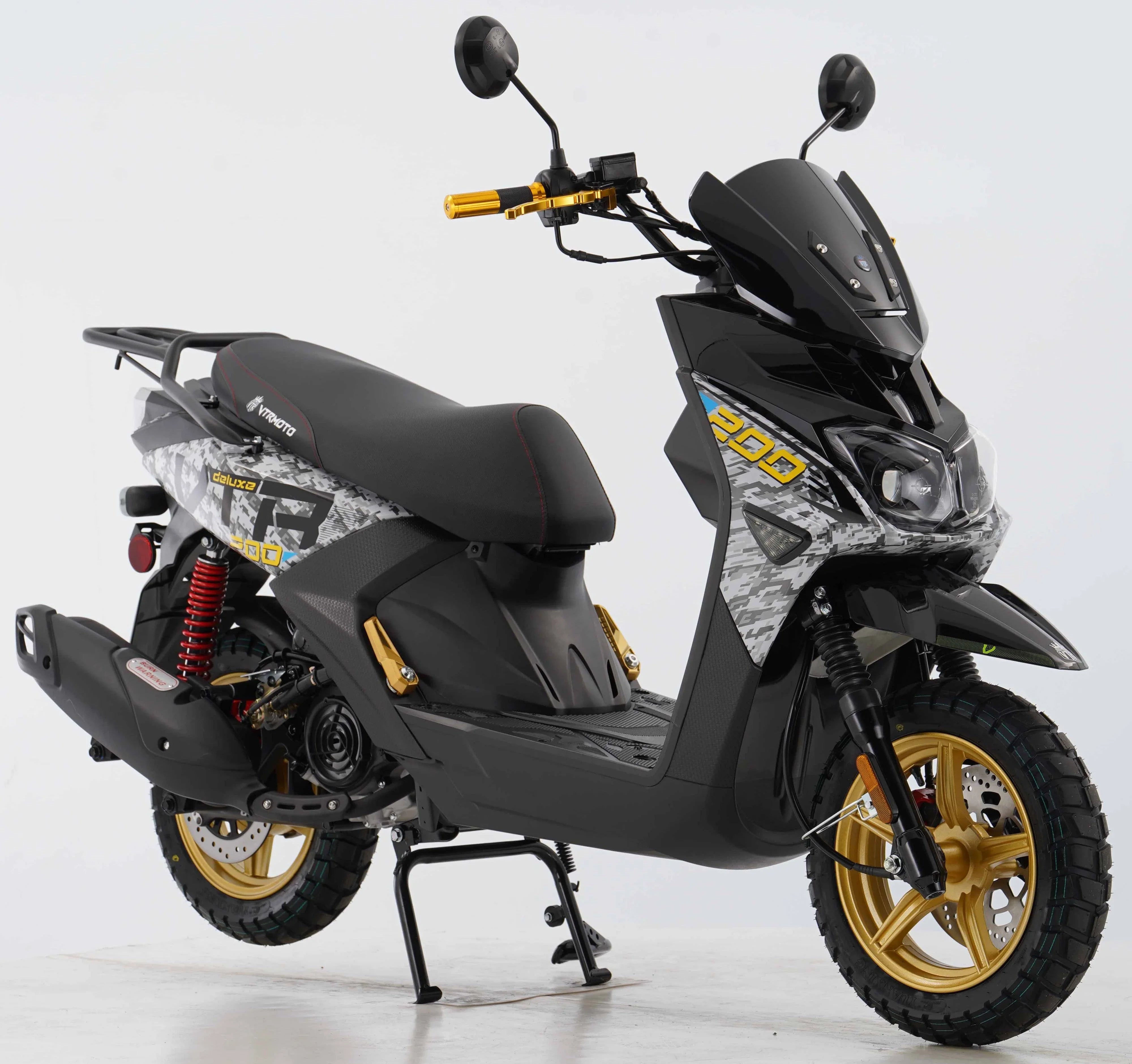 Black and gold VTRMOTO 200cc scooter with digital camo graphics, off-road tires, and red suspension