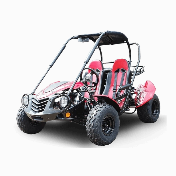 Red Trailmaster Blazer 200 go-kart with high-back seats and roll cage