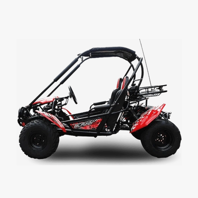 Left profile of red Trailmaster Blazer 200 go-kart with steering wheel and chassis