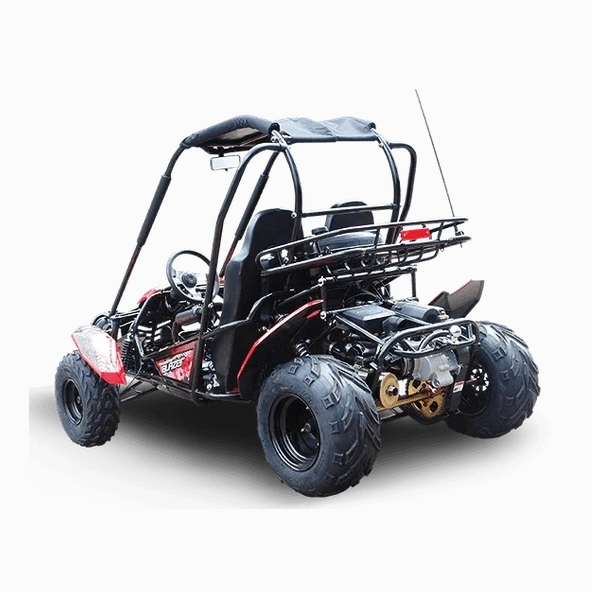 Rear angle of red Trailmaster Blazer 200 go-kart with canvas roof and taillight