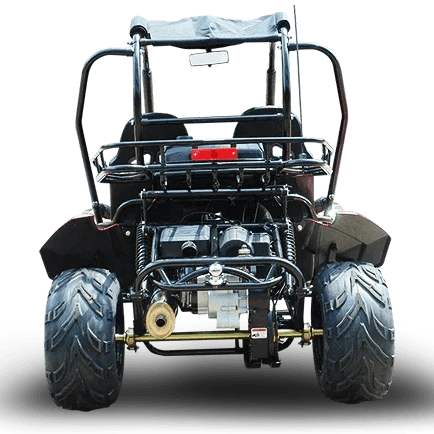 Rear view of red Trailmaster Blazer 200 go-kart showing drive chain guard and springs