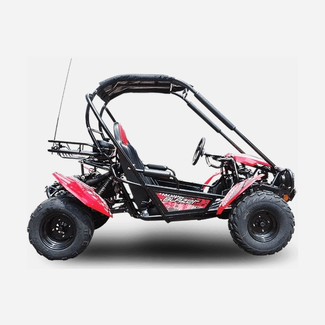 Side view of red Trailmaster Blazer 200 go-kart showing coil-over shocks