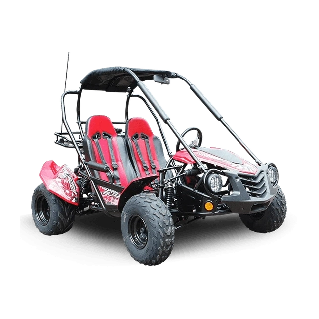 Red Trailmaster Blazer 200 go-kart with exposed suspension and rear cargo rack