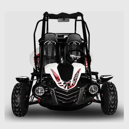 Black and white Trailmaster Blazer 200 go-kart with red BLAZER graphics