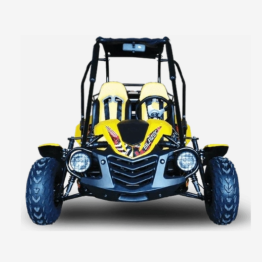 Front view of yellow Trailmaster Blazer 200 go-kart with horizontal slat grille