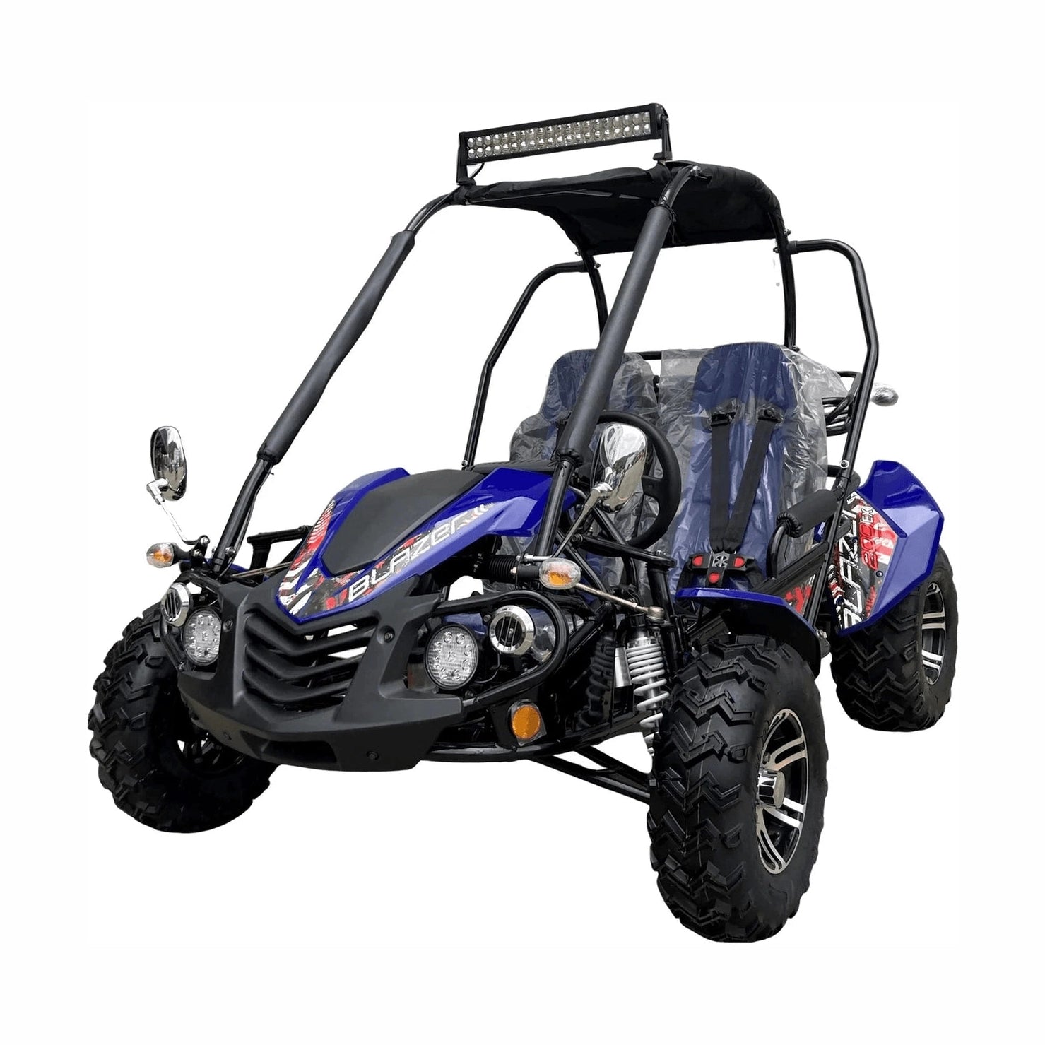 Blue TrailMaster Blazer 200EX EFI go-kart with roll cage and LED light bar
