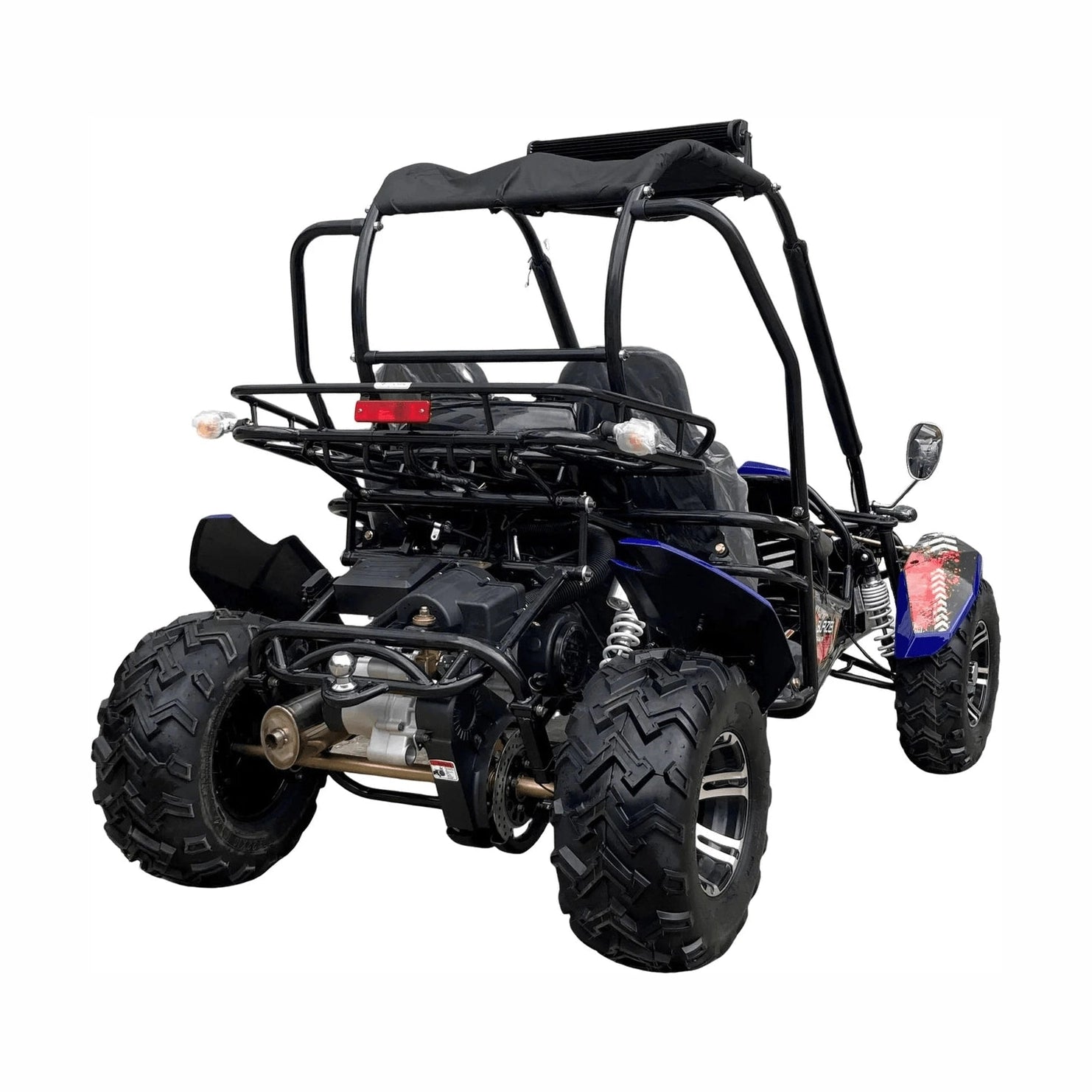 Rear view of blue TrailMaster Blazer 200EX go-kart showing cargo rack and engine