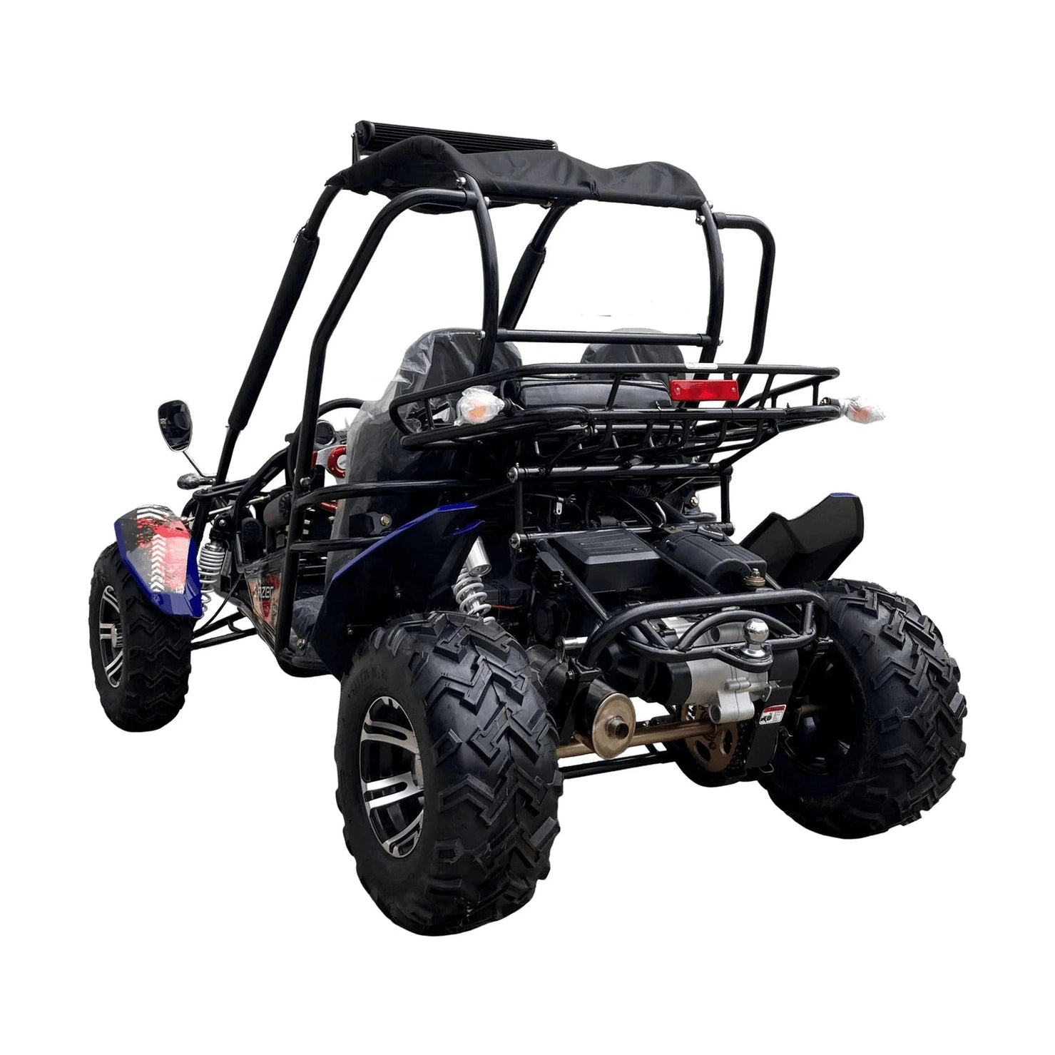 Rear three-quarter view of blue TrailMaster Blazer 200EX go-kart with exposed mechanics