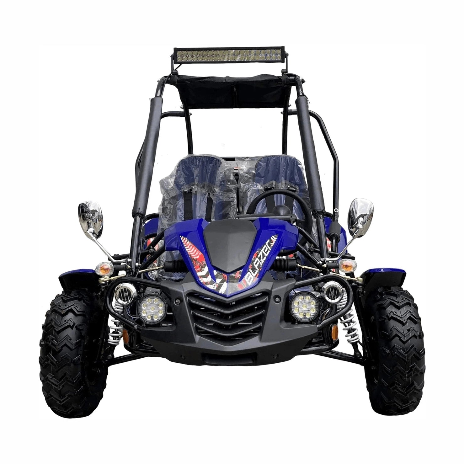 Front view of blue TrailMaster Blazer 200EX go-kart with auxiliary lights and mirrors