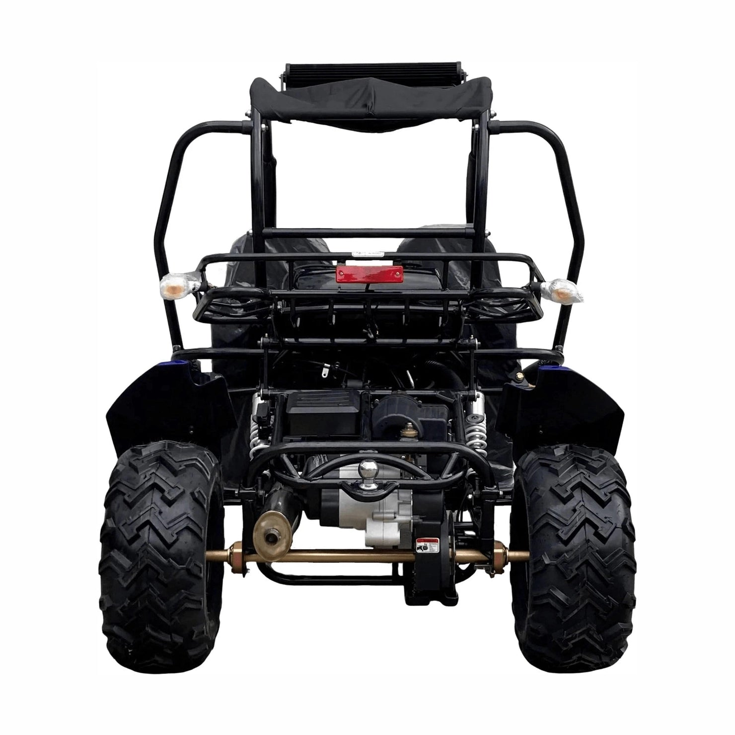 Rear view of blue TrailMaster Blazer 200EX go-kart highlighting cargo rack and exhaust
