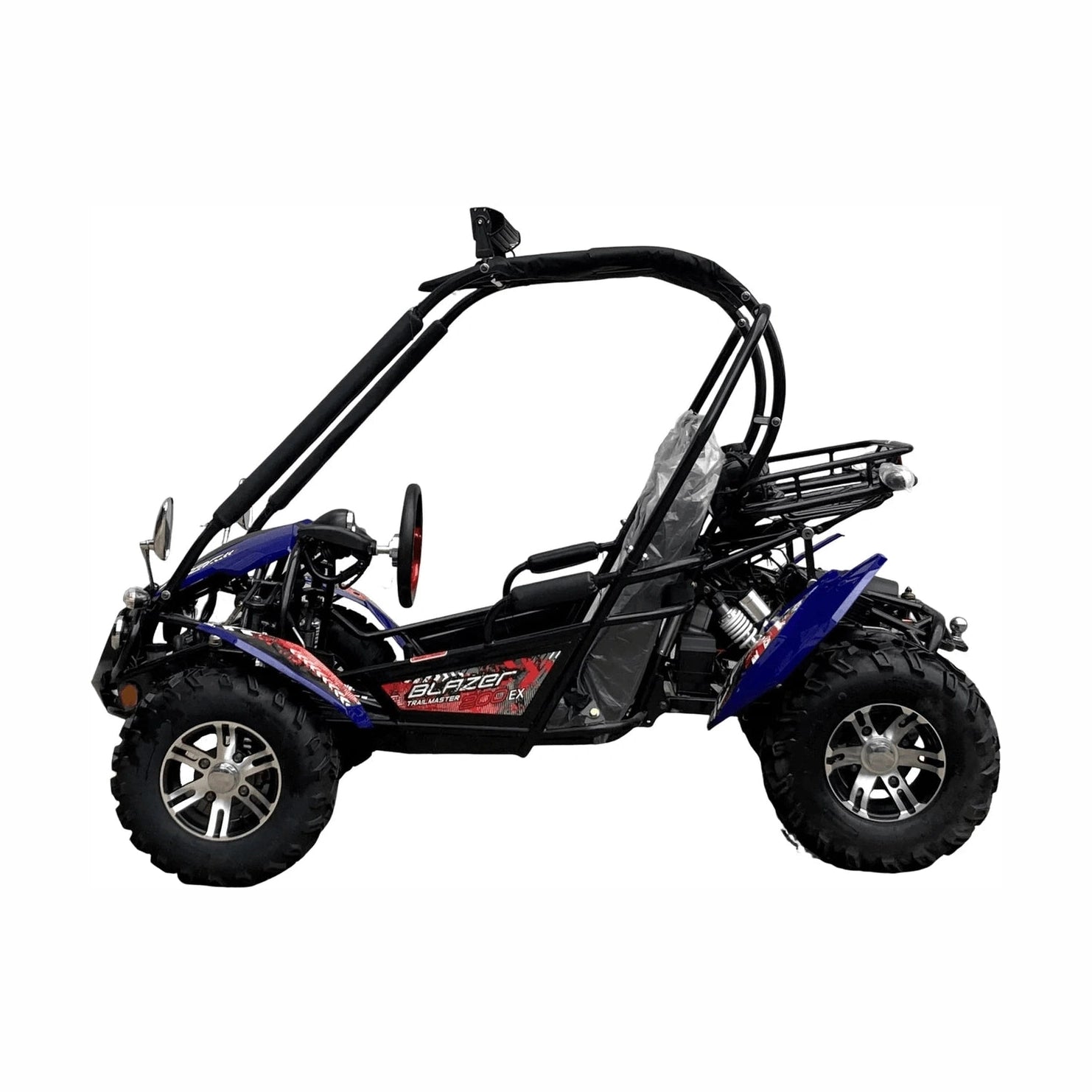 Left side profile of blue TrailMaster Blazer 200EX go-kart with rear cargo rack