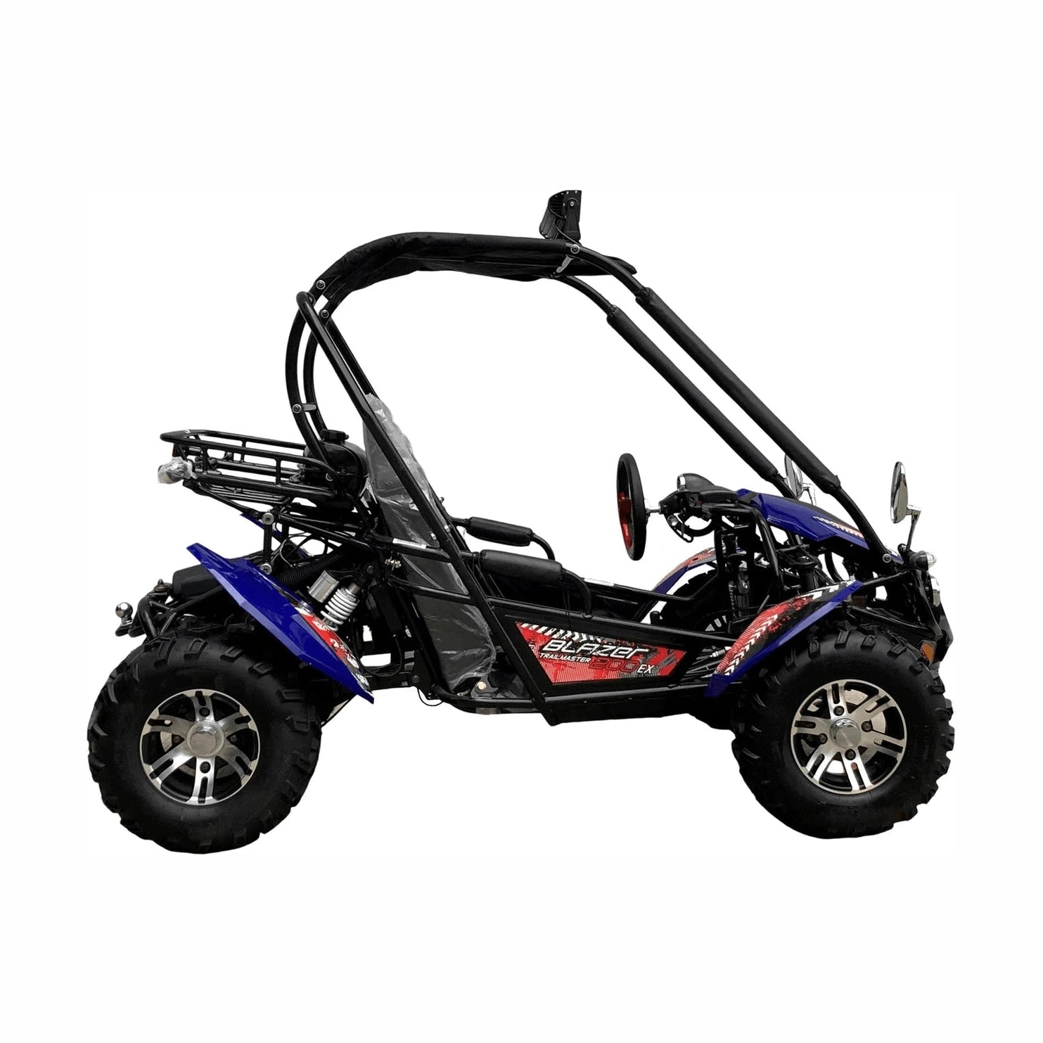Side profile of blue TrailMaster Blazer 200EX go-kart with silver alloy wheels