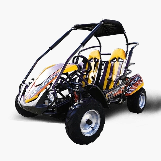 Orange and yellow TrailMaster Blazer 200R off-road kart front angle