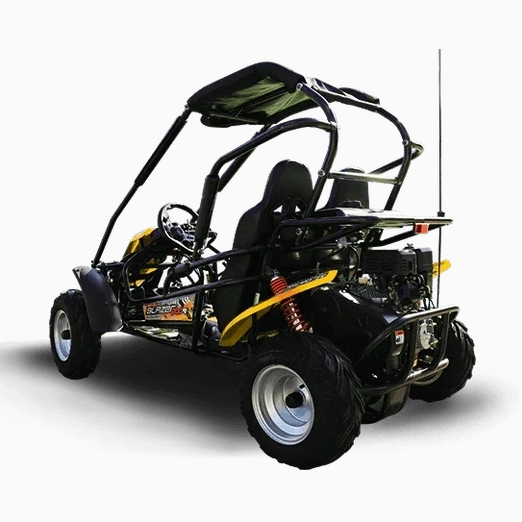 Black and yellow TrailMaster Blazer 200R rear three-quarter view