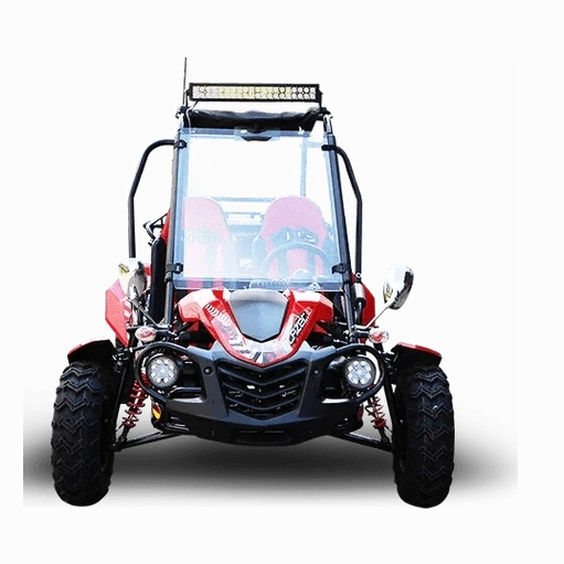 Front view of red Trailmaster Blazer 200X go kart with windshield, headlights, and roof LED light bar
