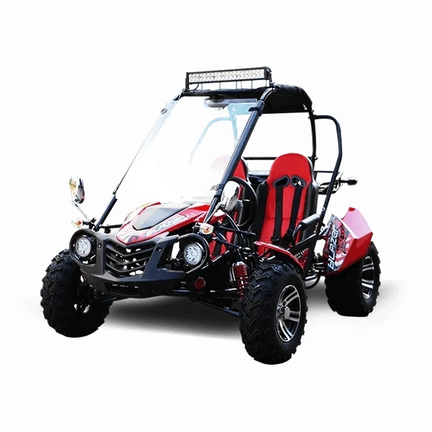 Front three-quarter view of red Trailmaster Blazer 200X go kart with striped seats and round headlights