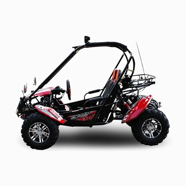Right side of red Trailmaster Blazer 200X go kart highlighting rear cargo rack and shock absorbers